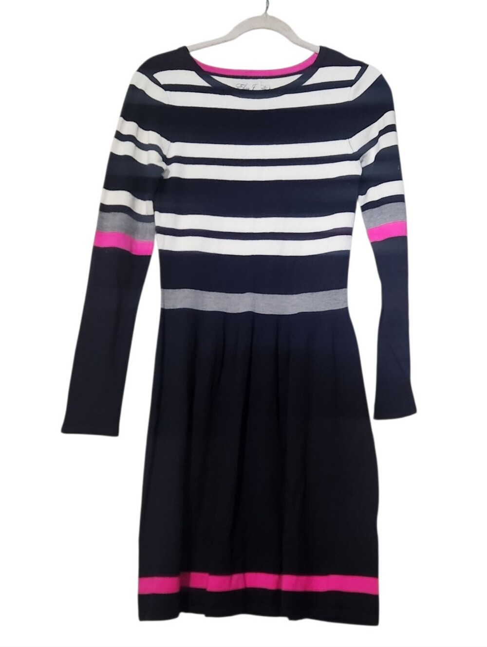 Eliza J Striped Knit Fit & Flare Sweater Dress – Long Sleeve Navy,White & Pink